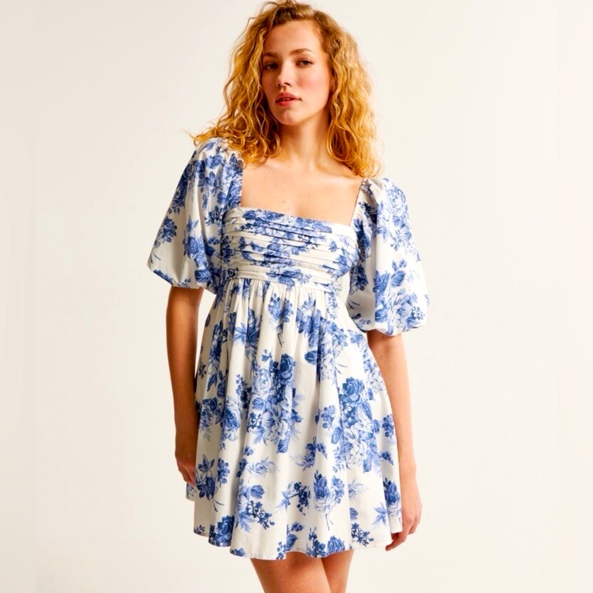 Abercrombie & Fitch Blue And White Floral Puff-Sleeve Mini Dress